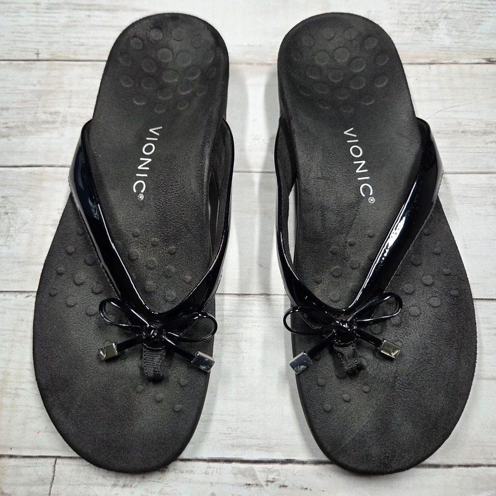 Vionic Bella II Flip Flop Sandal Orthotic Bow Women 11 Black Patent Thong